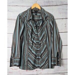 Lane Bryant Womens Top Size 26/28 Teal Blue Brown Striped Hook Eye Long Sleeve